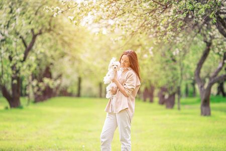 Woman playing and hugging puppy in the parkの写真素材