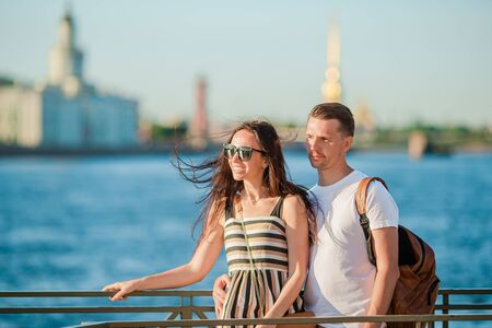 Coulpe at the summer waterfront in Saint Petersburgの写真素材