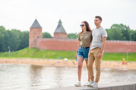 Coulpe at the summer waterfront in Saint Petersburgの写真素材