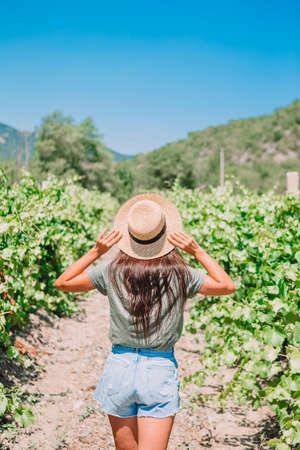 Woman in the vineyard in sun dayの写真素材