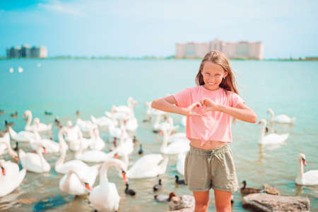 Little girl sitting on the beach with swansの写真素材