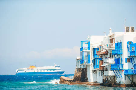 Beautiful Little Venice in Mykonos Island on Greece, Cycladesの写真素材