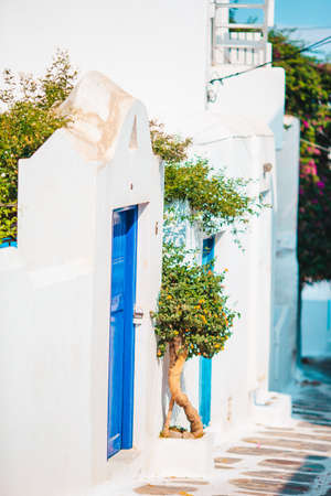 The narrow streets of the island with blue balconies, stairs and flowers in Greece.の写真素材