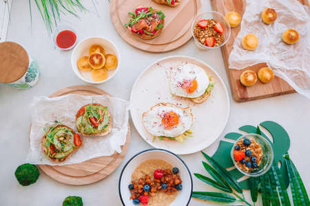 Healthy breakfast on the table on wooden deskの写真素材