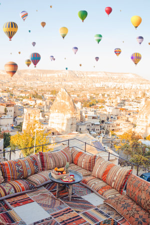 Traditional turkish breakfast with fruits with Cappadocia viewの写真素材