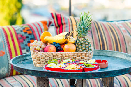 Traditional turkish breakfast with fruits with Cappadocia viewの写真素材
