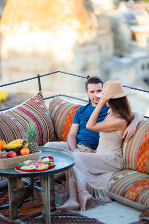 Happy couple in Cappadocia. Couple travels the world. Hot air balloon flights.の写真素材