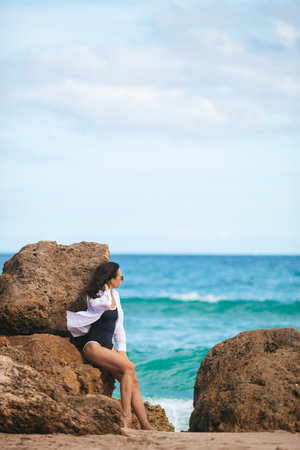 Young beautiful woman on the beach vacationの写真素材