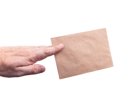 hand holding envelopes with letters on the white background isolated.の写真素材