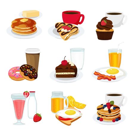 Different types of breakfasts with dessertsのイラスト素材