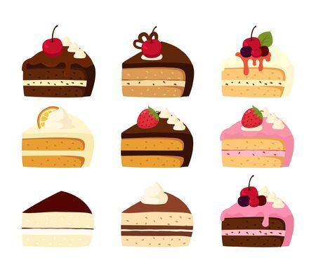 Sliced cakes with chocolate, strawberry and fruitのイラスト素材