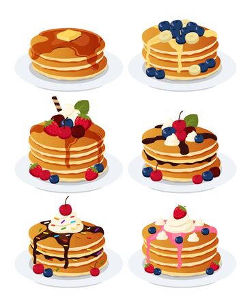 Different types of pancakes with fruit and chocolateのイラスト素材