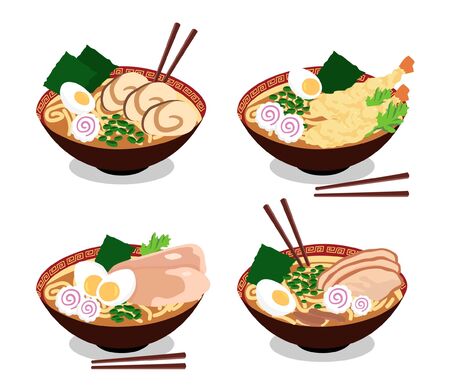 Different dishes of oriental ramen, Japanのイラスト素材