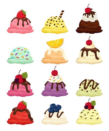 Scoops of ice cream with chocolate chips and fruitのイラスト素材