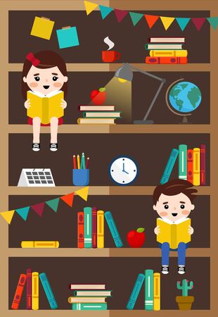 Bookcase with books, school supplies and kids readingのイラスト素材