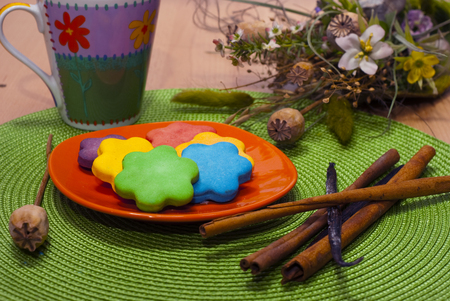 Table decoration with delicious homemade cookiesの写真素材