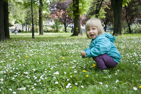 Baby girl in a field playing with flowersの写真素材