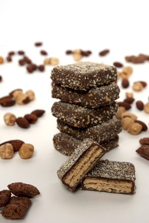 Crispy chocolate cubes isolated on a white backgroundの写真素材