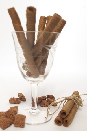 Crispy chocolate sticks isolated on a white backgroundの写真素材
