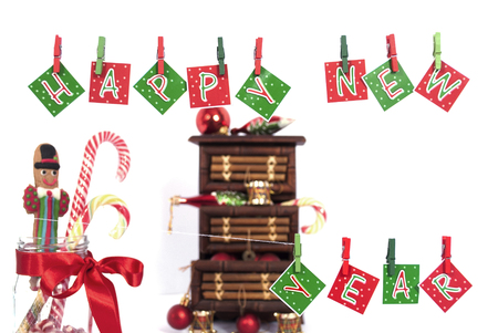 Decoration for Christmas with hanging letters and some candiesの写真素材