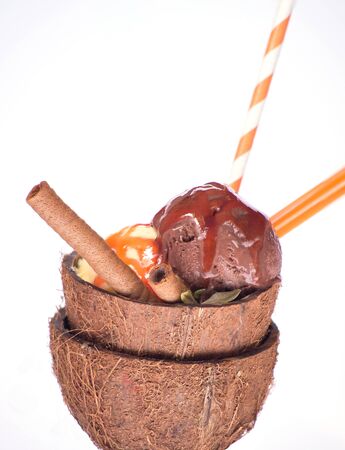 Delicious ice cream in coconut crustの写真素材