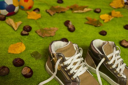Brown children sneakers on the green background