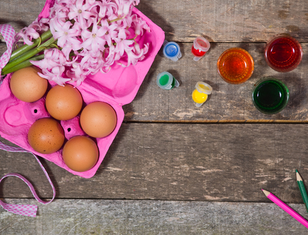 Preparation for painting colorful Easter eggsの写真素材
