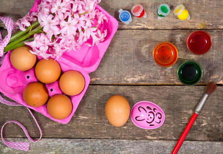 Preparation for painting colorful Easter eggsの写真素材