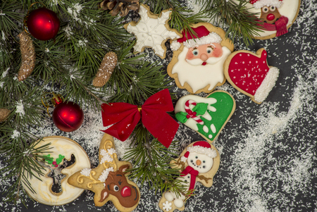 Christmas decoration surrounding delicious homemade cookiesの写真素材