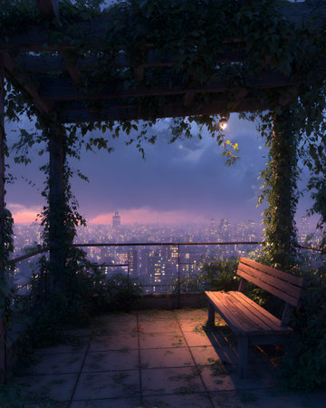 Beautiful night view of the city from a wooden pergolaの素材