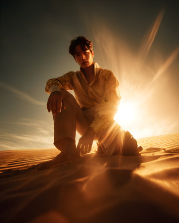 Handsome man in the desert at sunset. Travel concept.の素材
