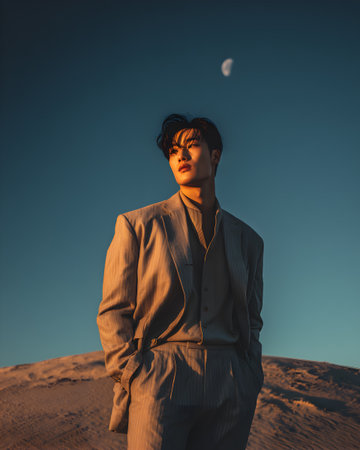 Portrait of a handsome man in the desert. Fashion shot.の素材