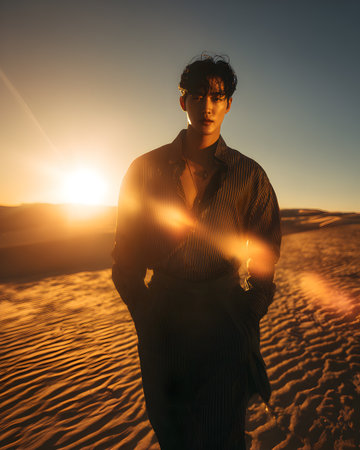 Portrait of a young man standing in the desert at sunset.の素材