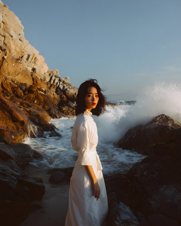 Brunette girl in a long white dress on the rocks at sunsetの素材