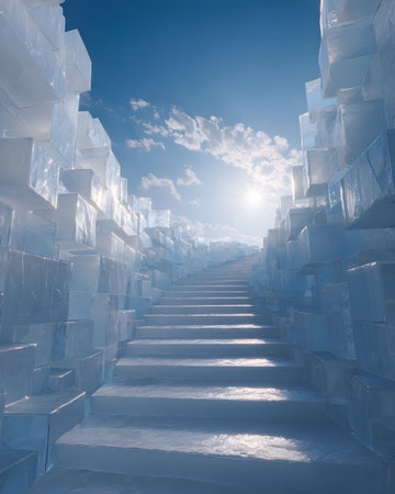 Ice cube stairs on blue sky background, 3d render illustration.の素材