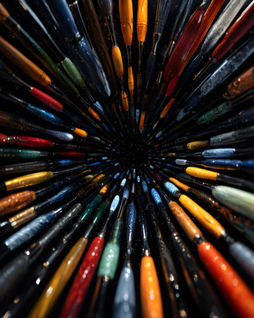 Crayons of various colors on a black background in a circleの素材