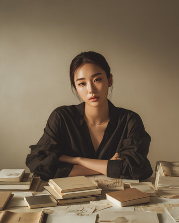 young asian woman reading a book in the library. education conceptの素材