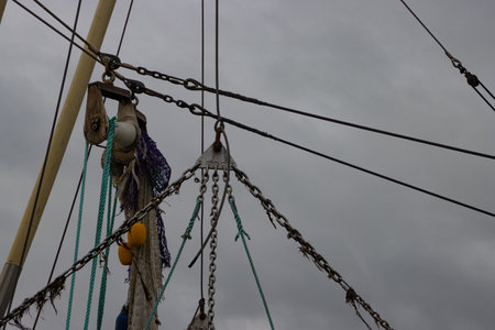Close up of rigging of a fish trawlerの写真素材