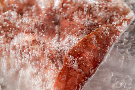 a brown leaf is frozen under the ice, one sees the fine texture of the leaf and the air bubbles in...