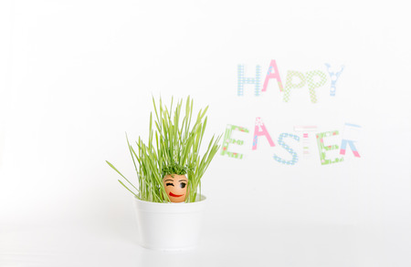 Easter decoration made of grass and egg-shell face with hairの写真素材
