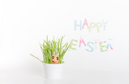 Easter decoration made of grass and egg-shell face with hairの写真素材