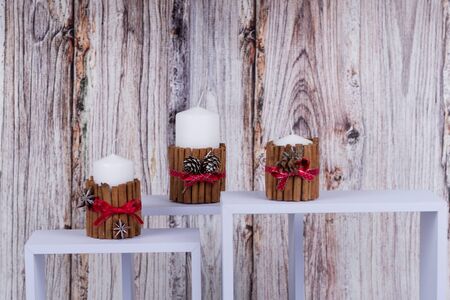 chrtitmas candle decoraton made of natural materialsの写真素材