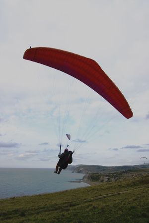 people having fun flying in the sky with parachuteの写真素材