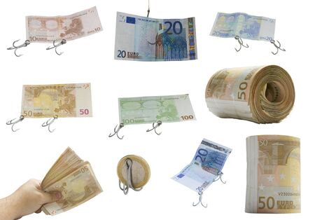 paper money notes with fishing hooksの写真素材