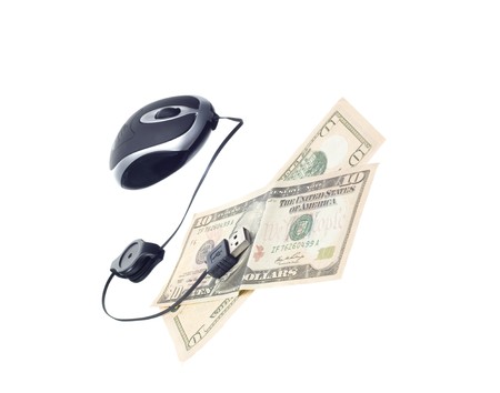 small computer mouse with money concept isolated on withe backgroundの写真素材
