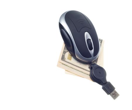 small computer mouse with money concept isolated on withe backgroundの写真素材