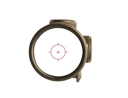 Image of a rifle scope sight used for aiming with a weaponの写真素材