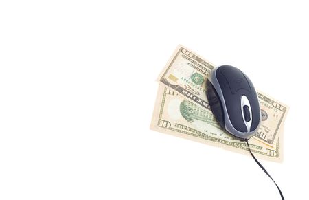 small computer mouse with money concept isolated on withe backgroundの写真素材