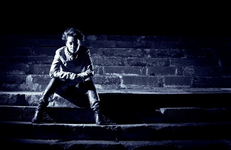 misterious image of a young beautiful girl at nightの写真素材