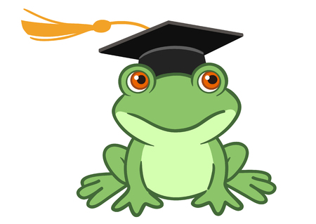 Vector hand drawn cartoon illustration of a happy smiling frog wearing a black graduate mortarboard cap with a tassel isolated on white. Graduation concept for preschool, kindergarten and school.のイラスト素材